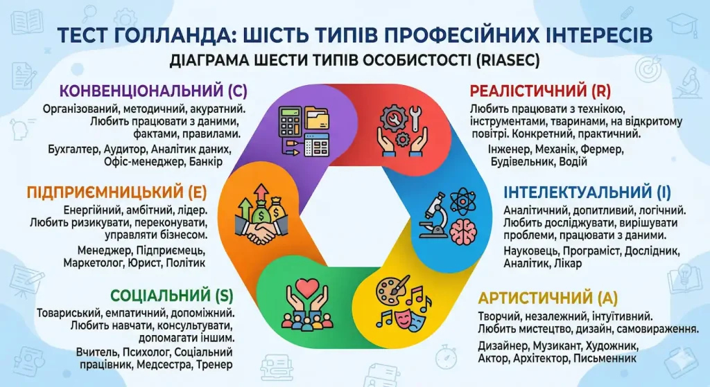 Діаграма шести типів тест Голланда: реаліст, інвестігатор, артист, соціал, підприємливець, конвенціоналіст